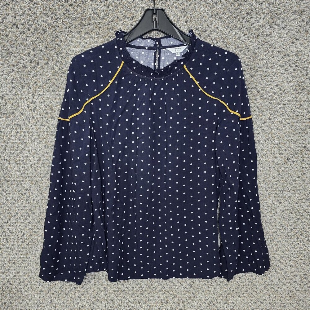 Crown‎ & Ivy Top Womens Medium Navy Blue Polka Dot Peasant Blouse Ruffle Ladies